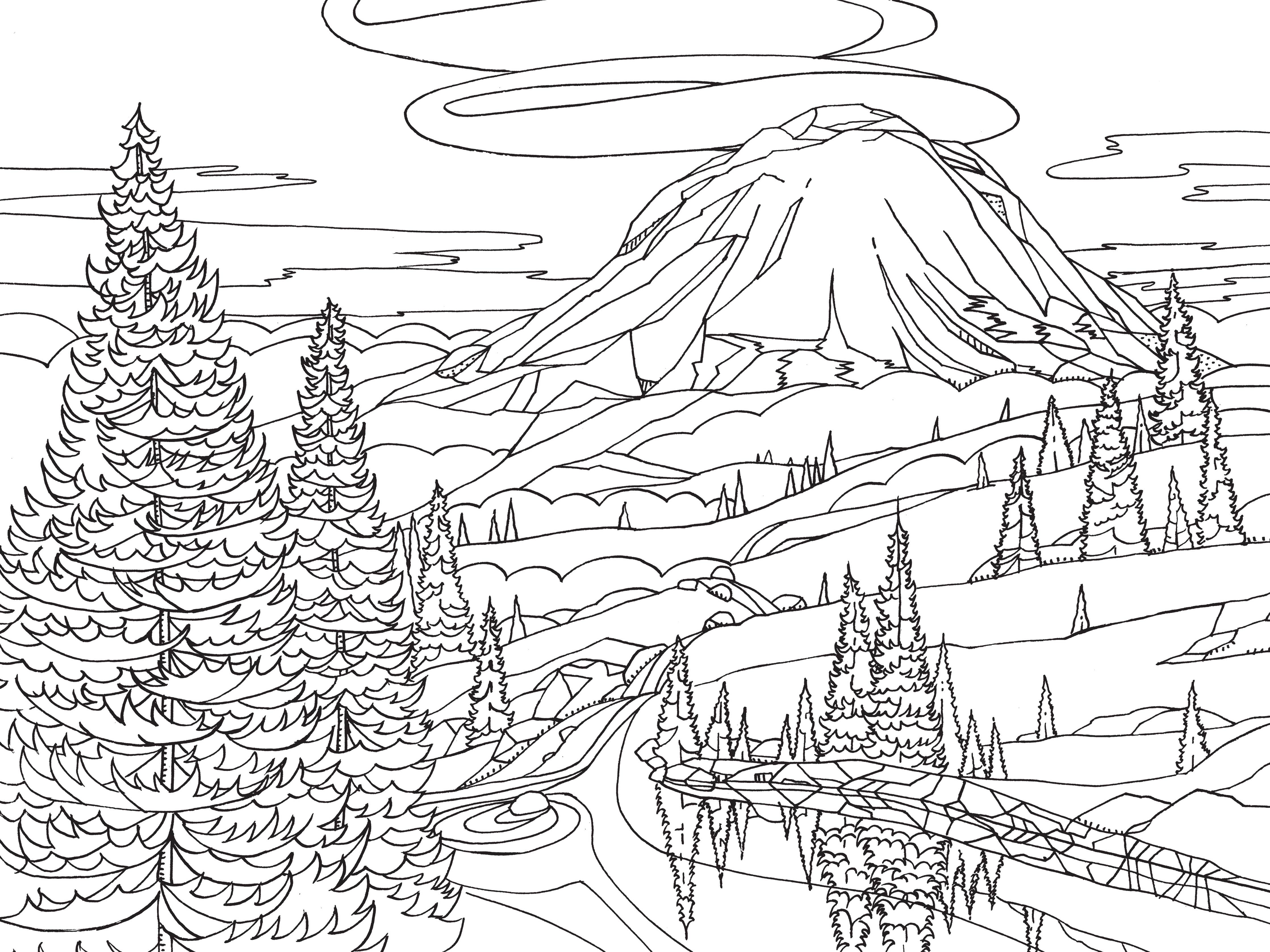 Coloring page of mountain scene