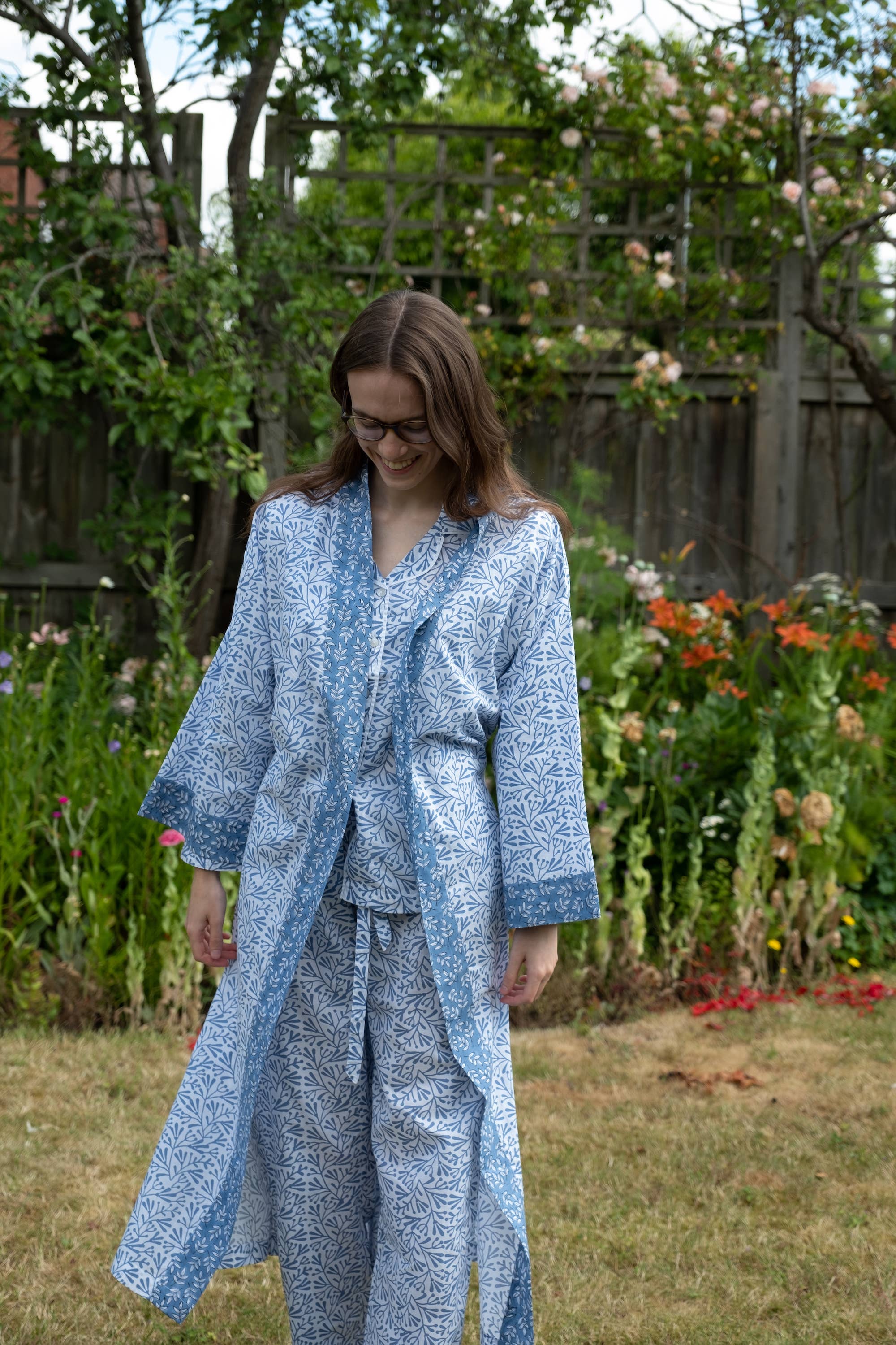 Cotton Long Kimono - Blue Bud