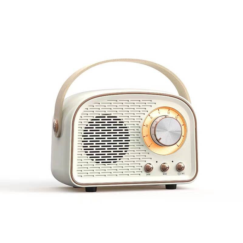 Cream colored vintage radio inspired Bluetooth speaker, Cream colored handle and rose gold accents