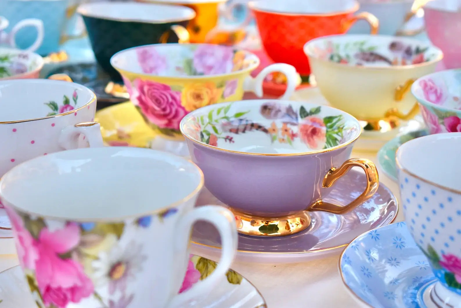 Mismatched teacups.  Tea house, Catering, Restaurant, Bakery