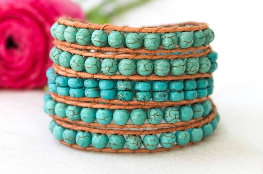 Turquoise beaded wrap bracelet with genuine leather cord. 