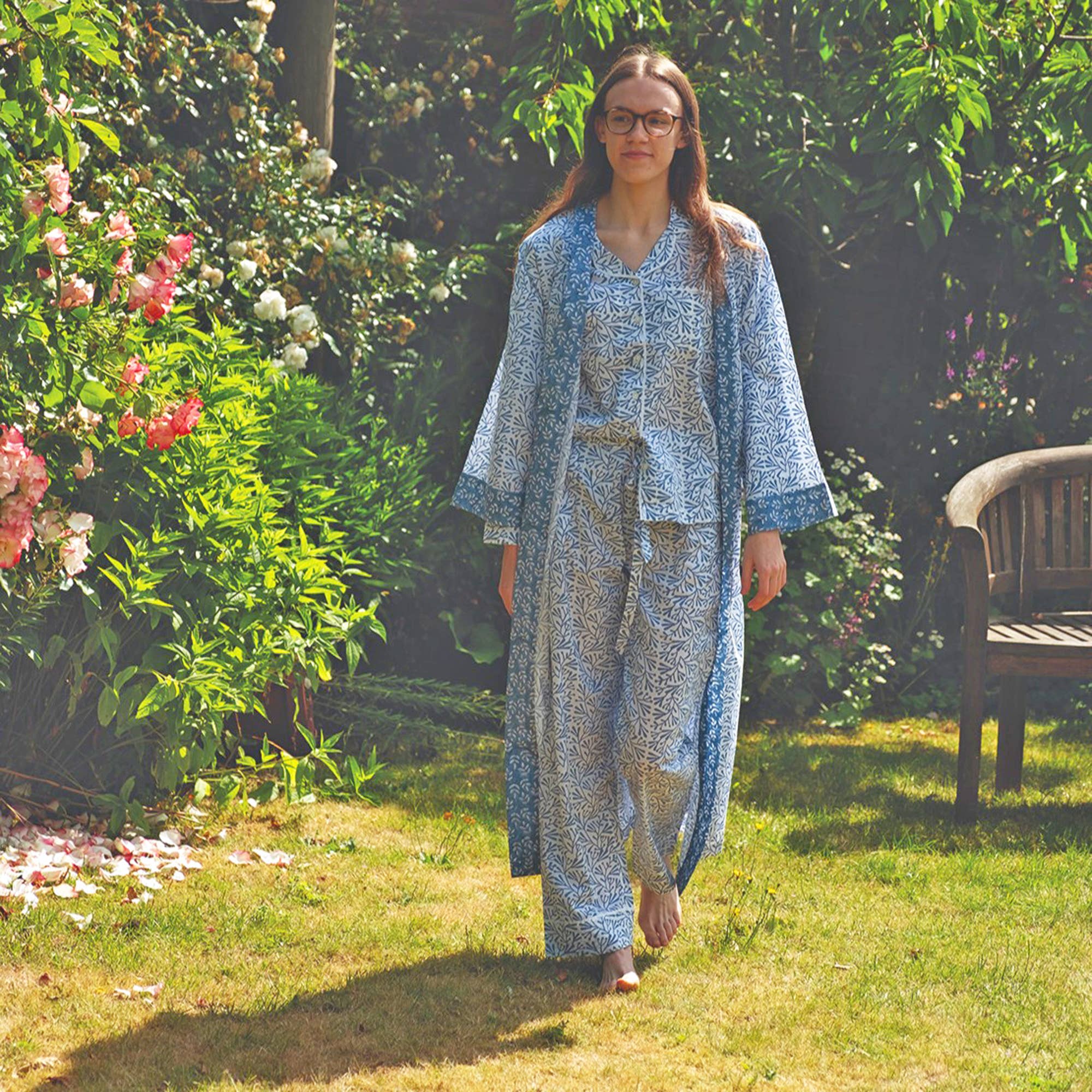 Cotton Long Kimono - Blue Bud