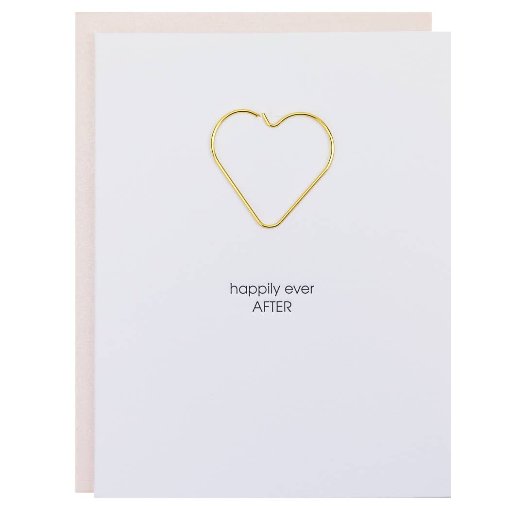 White card with gold heart shaped paperclip included and "happily ever after" in black lettering. Pearl pink envelope.