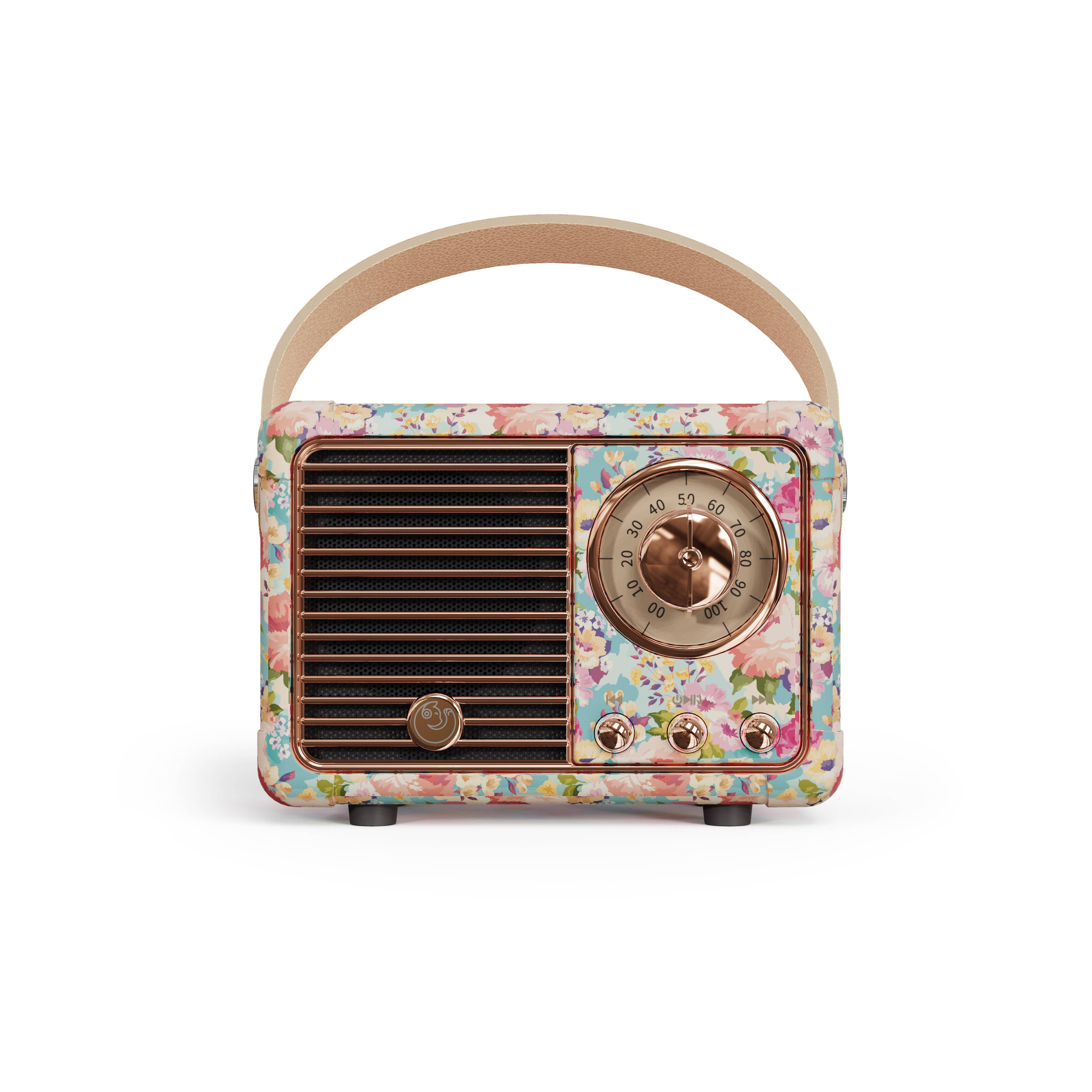 Image of retro radio inspired Bluetooth speaker with blue and pink floral pattern, with cream colored handle and rose gold accents