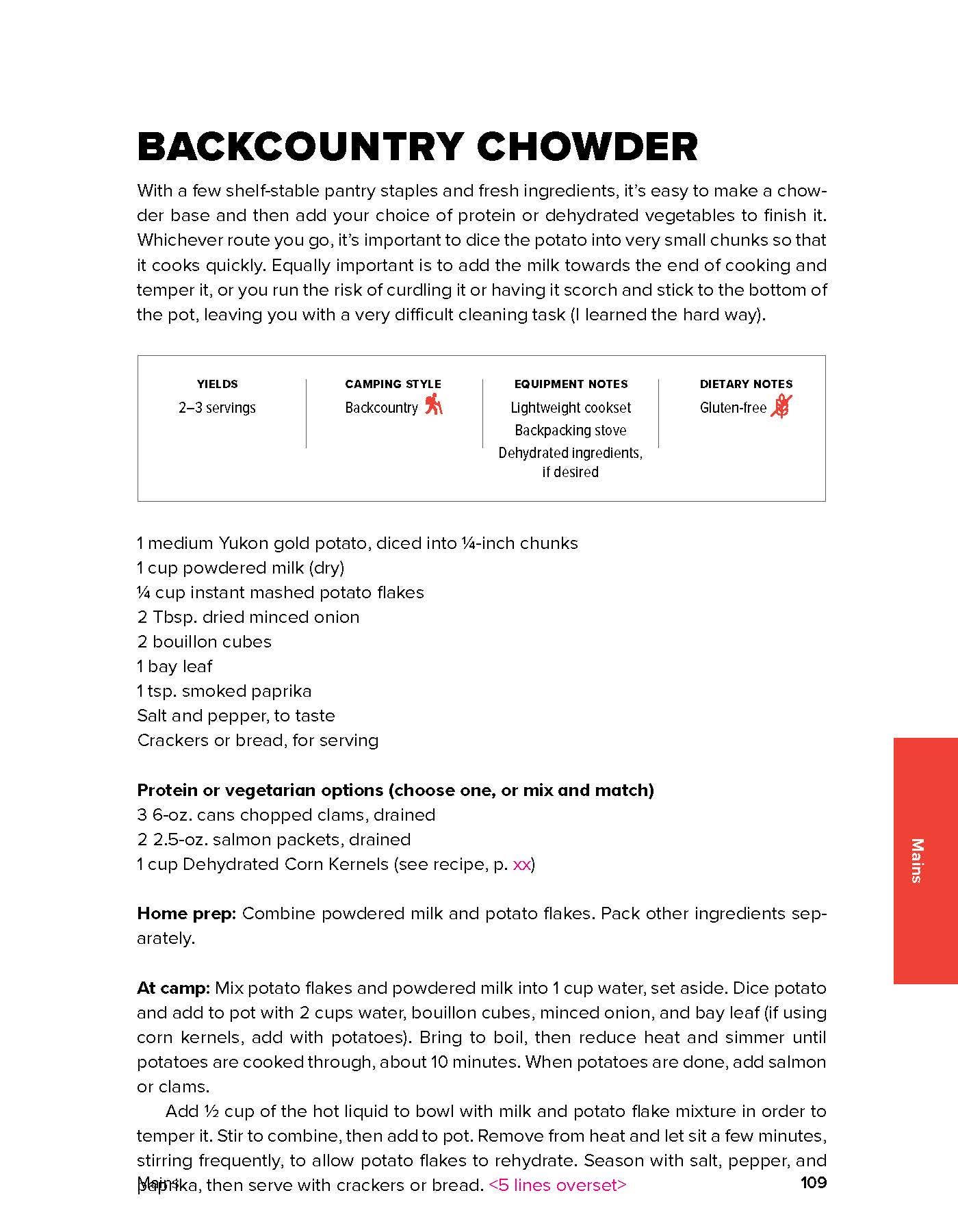 Image of book page titles "Backcountry Chowder" with recipe.