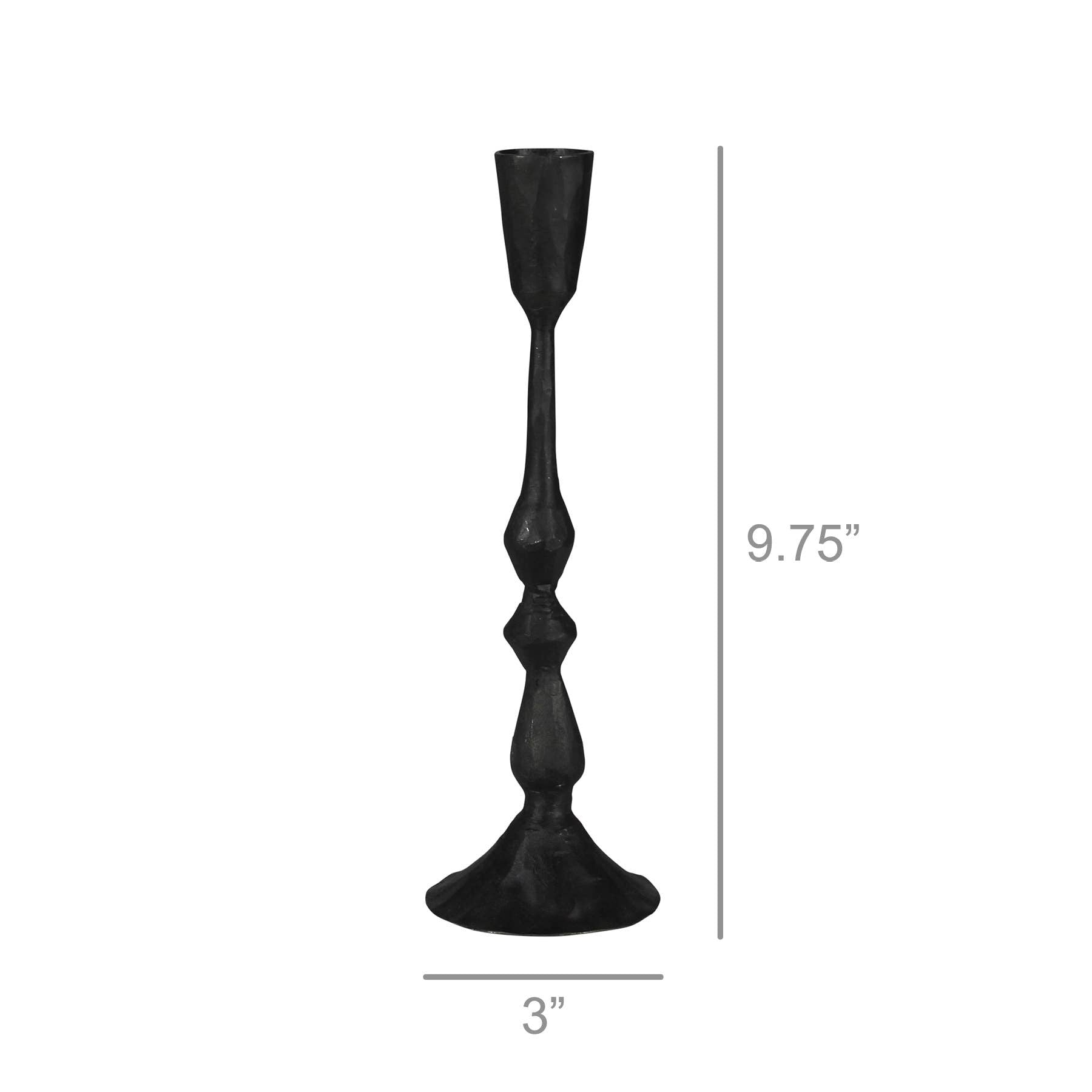 Metal taper candle holder with black finish and curved design. 9.75 inches tall and 3 inches wide.