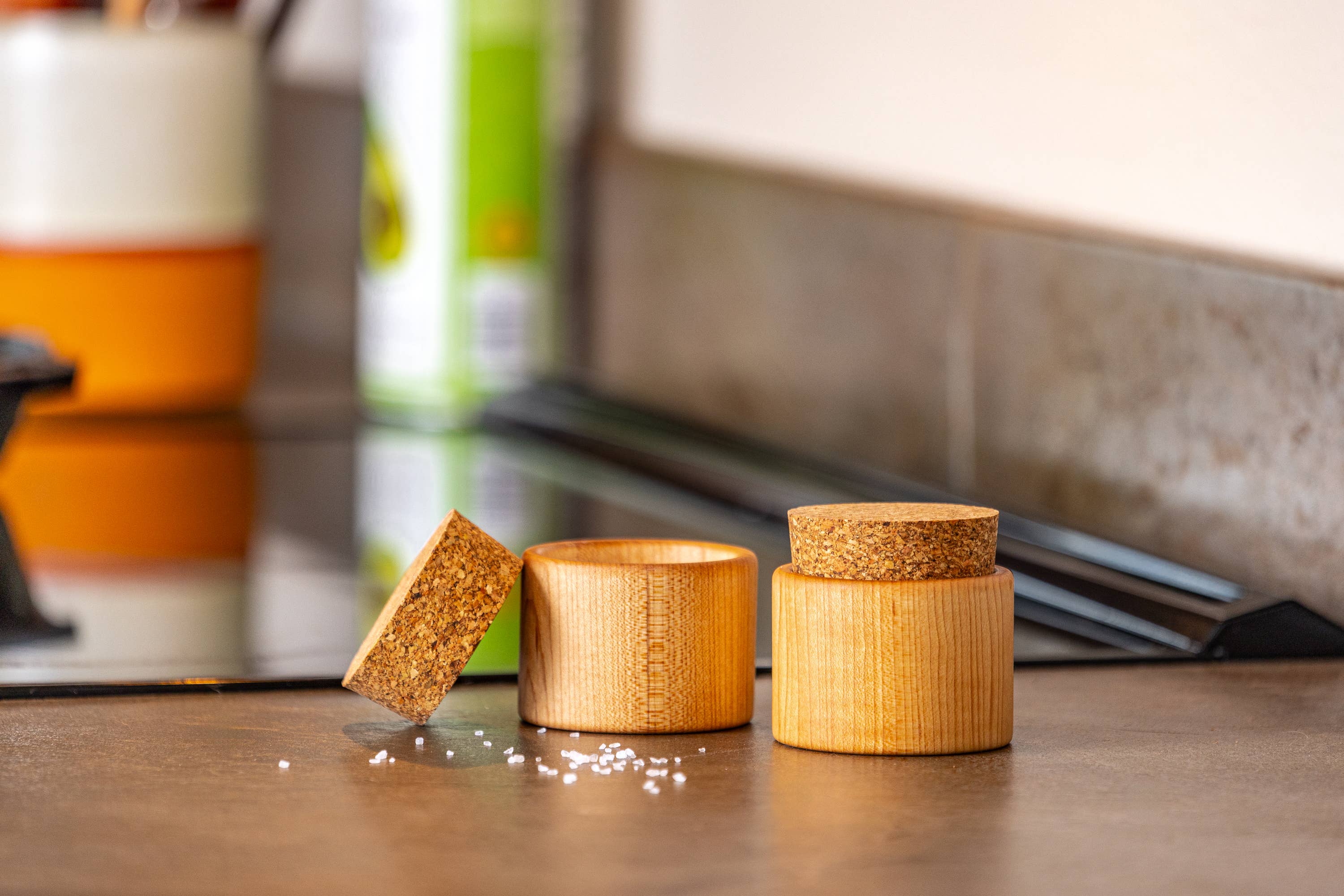 Maple wood round cups for salt cellar or spices.  Cork top to keep contents fresh.