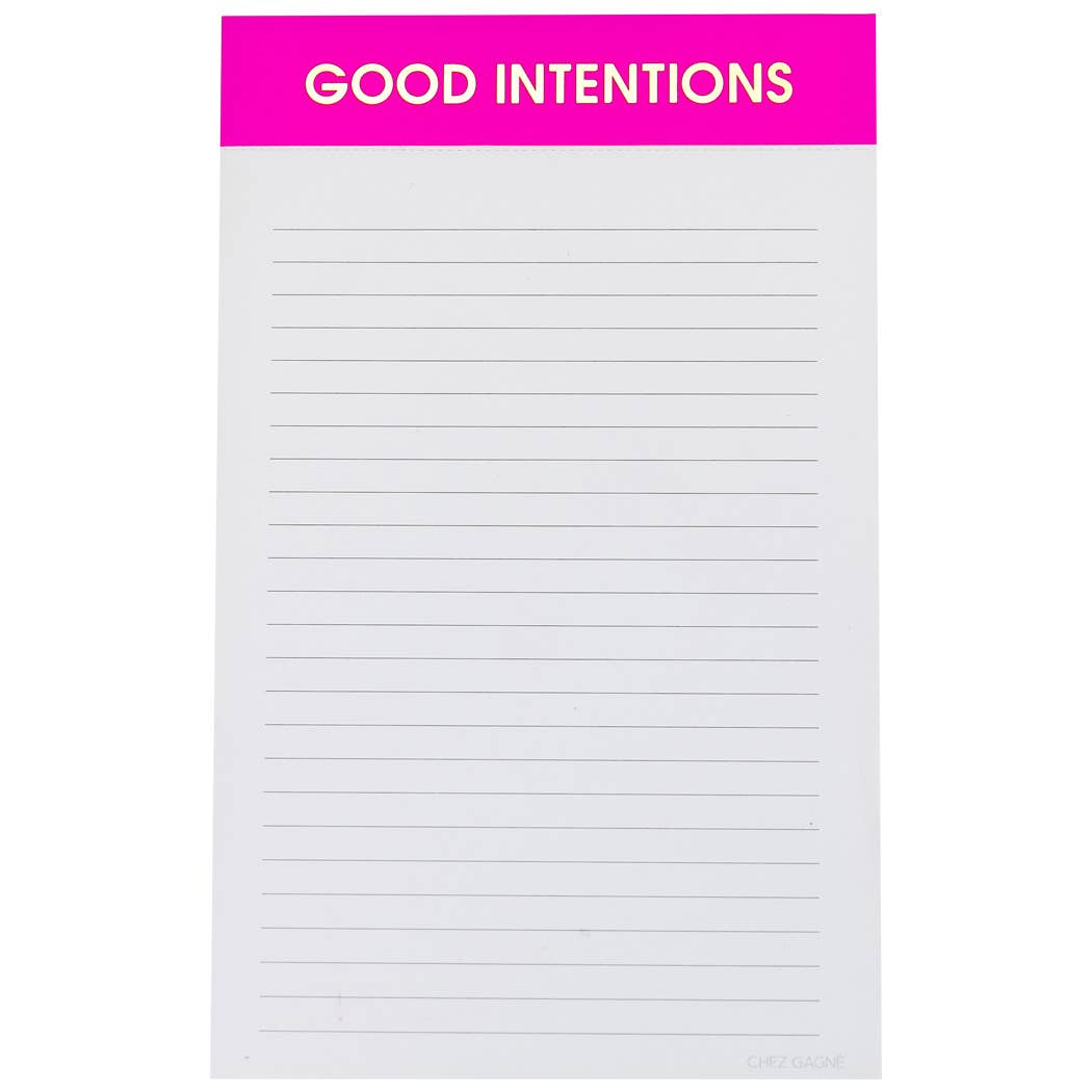 Lined notepad with fuchsia bar on top with "GOOD INTENTIONS" in gold lettering.