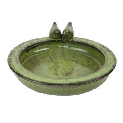 Round Bird Bath w/Birds, Ceramic, Green - Medium