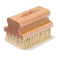 Wood brush handle with dense natural cream colored dense bristles. 