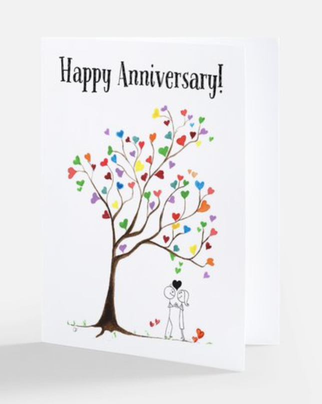 White card with "Happy Anniversary!" in black text above a tree with multi colored hearts for leaves and a stick figure couple embracing.