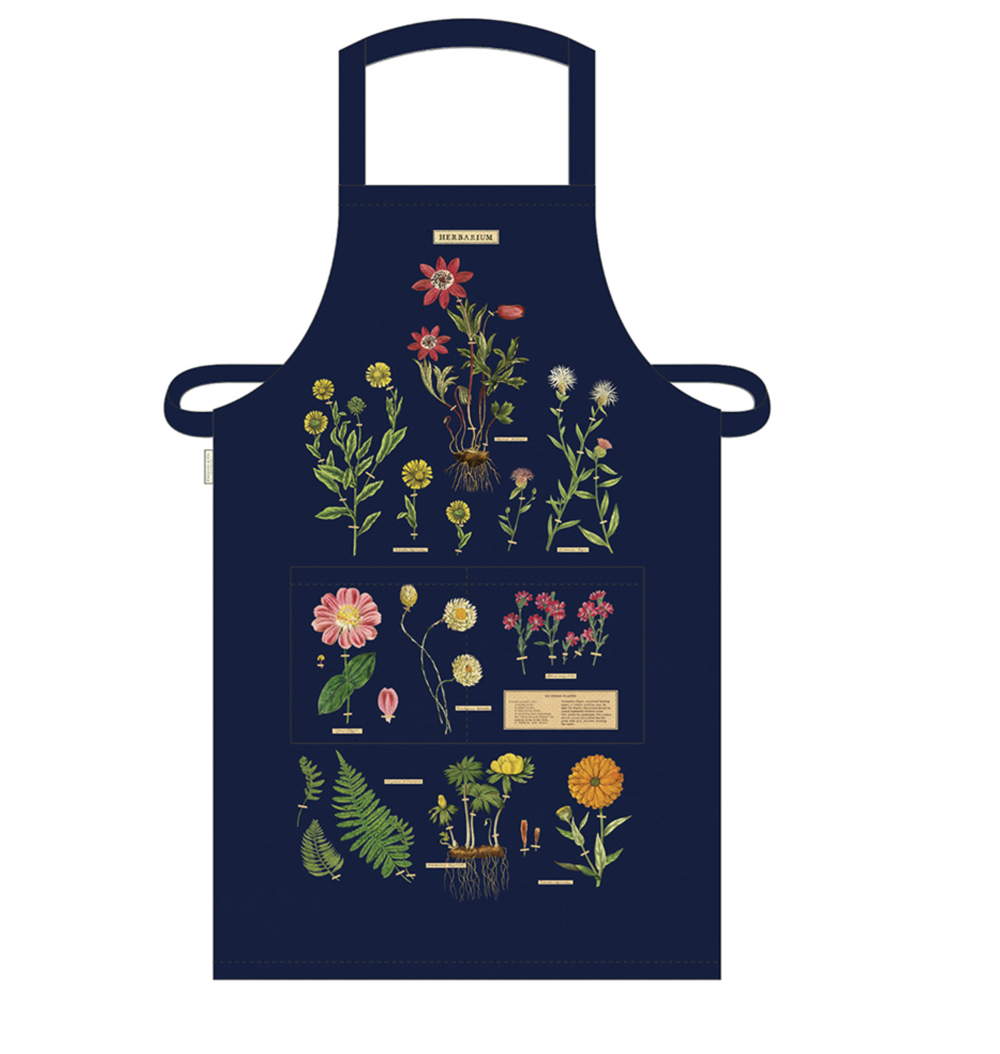 Navy blue cloth apron with full color illustrations of various plants and flowers. Apron ties at neck and waist.