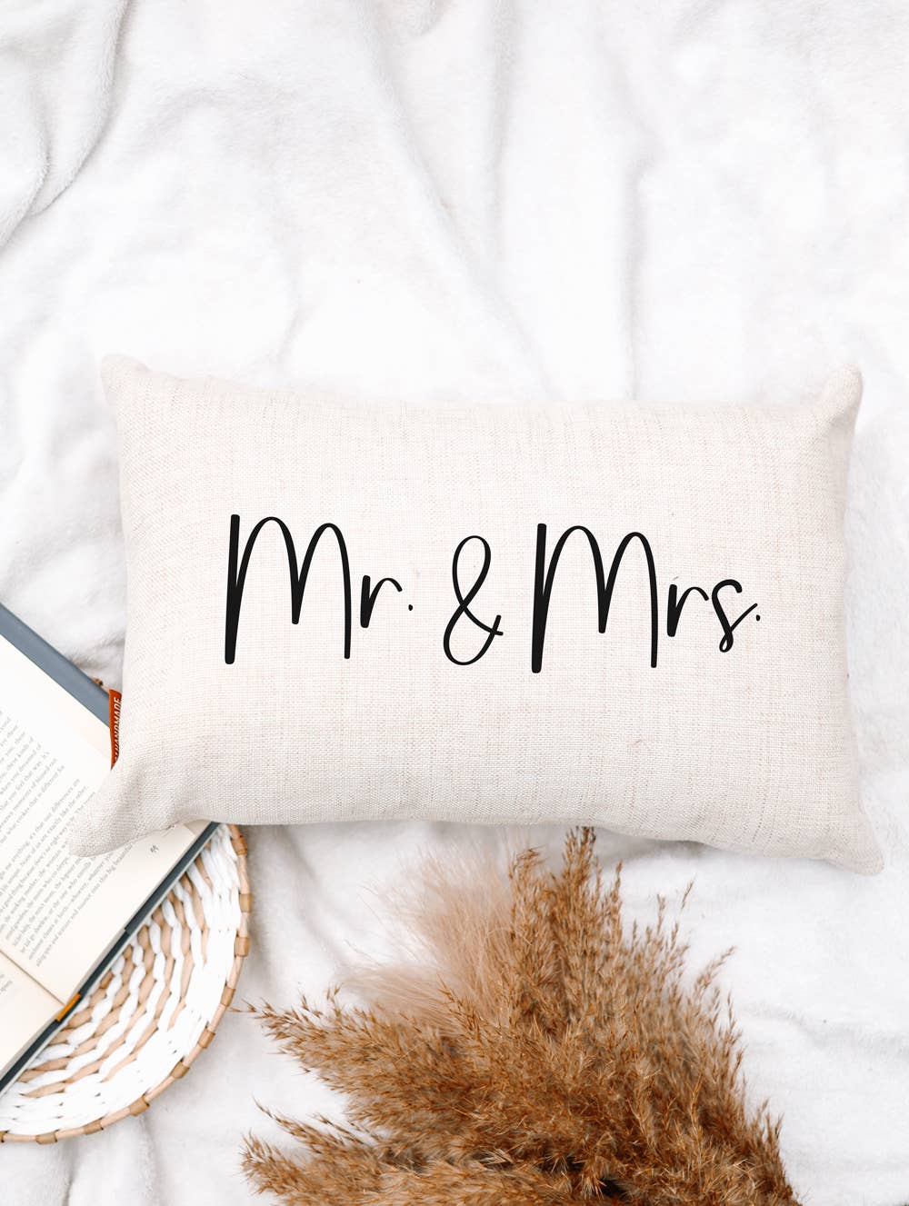 Cream linen pillow with black Mr. & Mrs. text