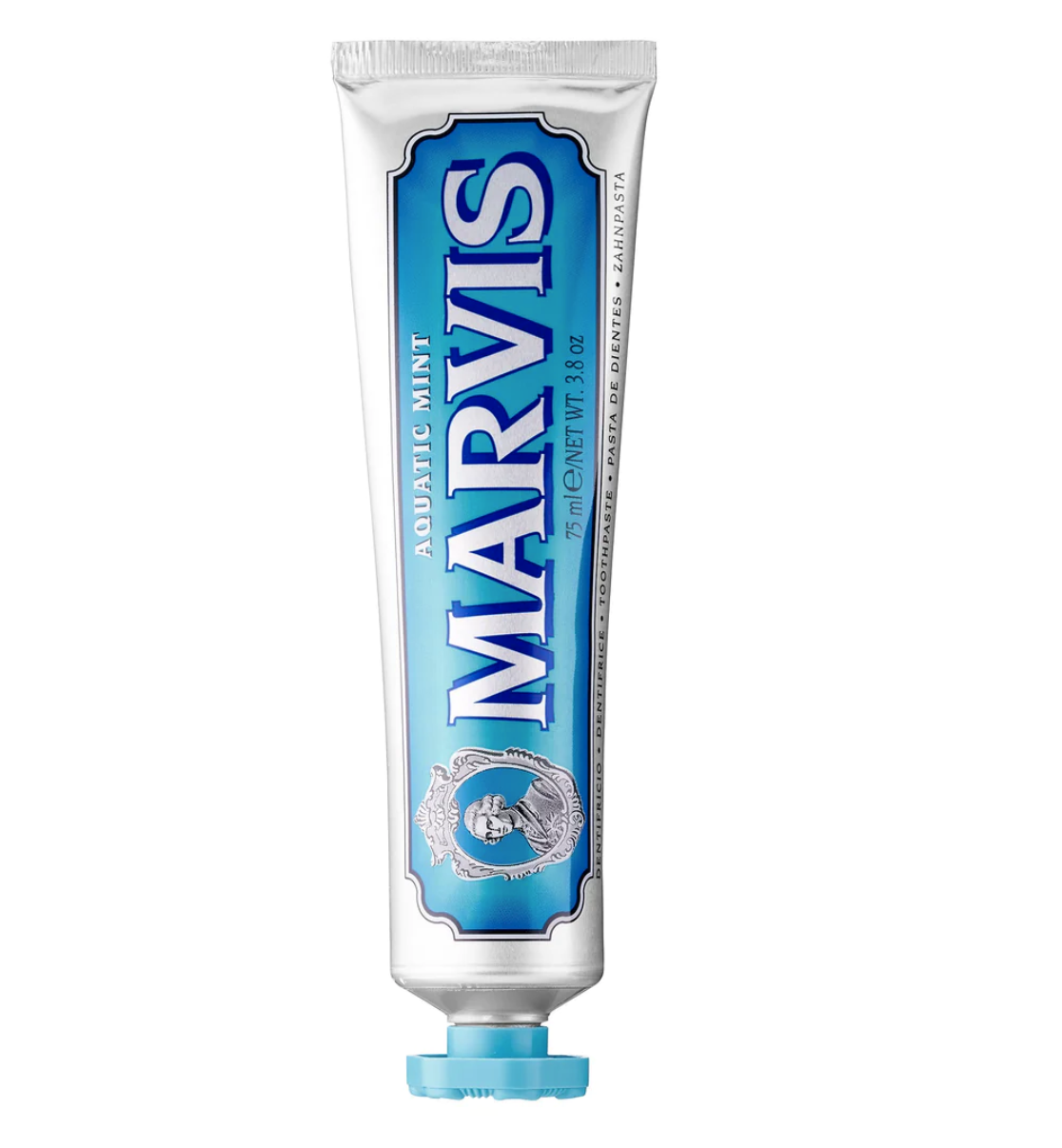 Aquatic Mint flavored toothpaste in silver tube with blue Marvis label and blue cap.