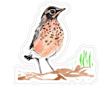 Sticker with painted baby robin on ground.