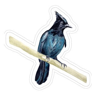 Sticker of painted blue jay on horizontal stick.