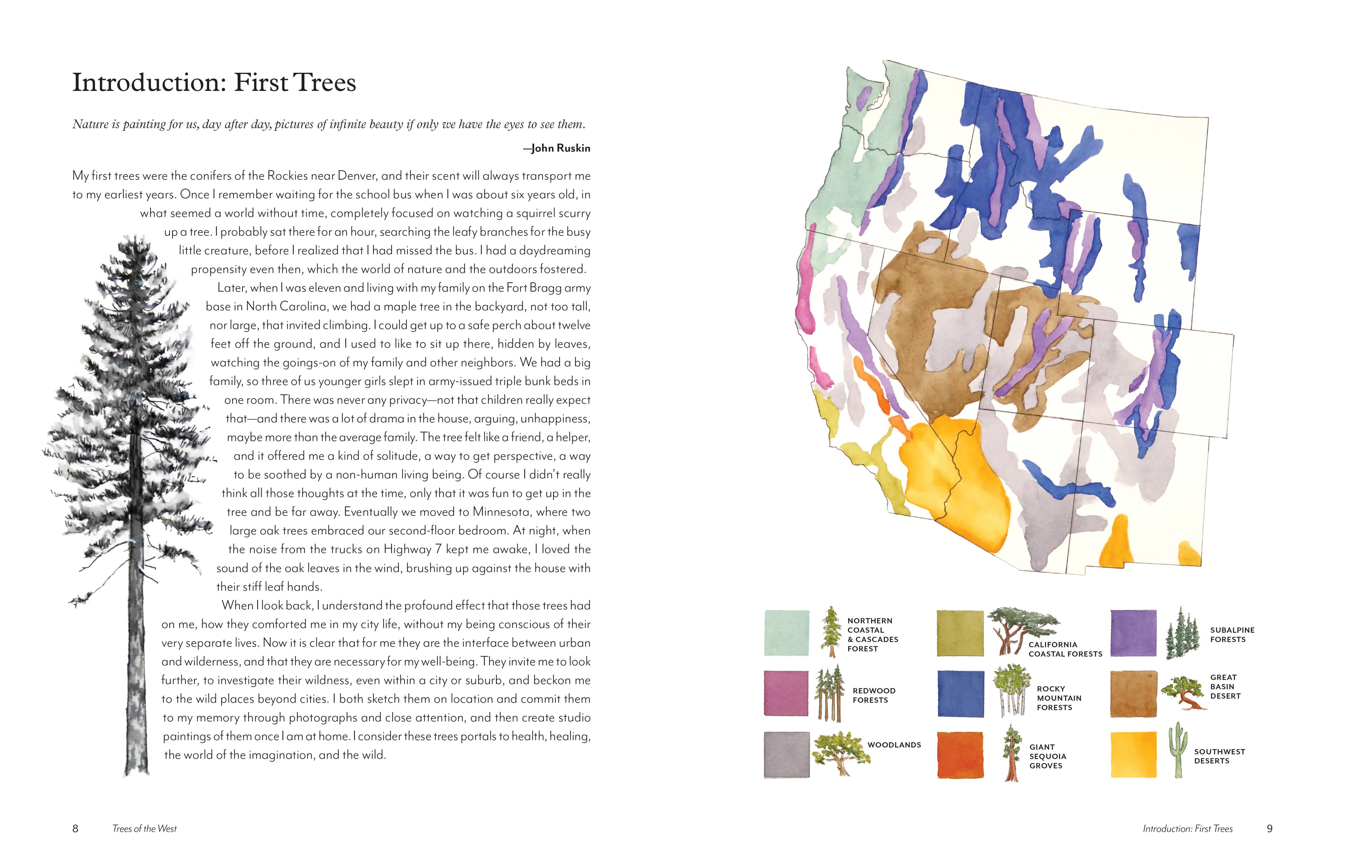 Image of open page in book with text and pictures of trees and their regions.