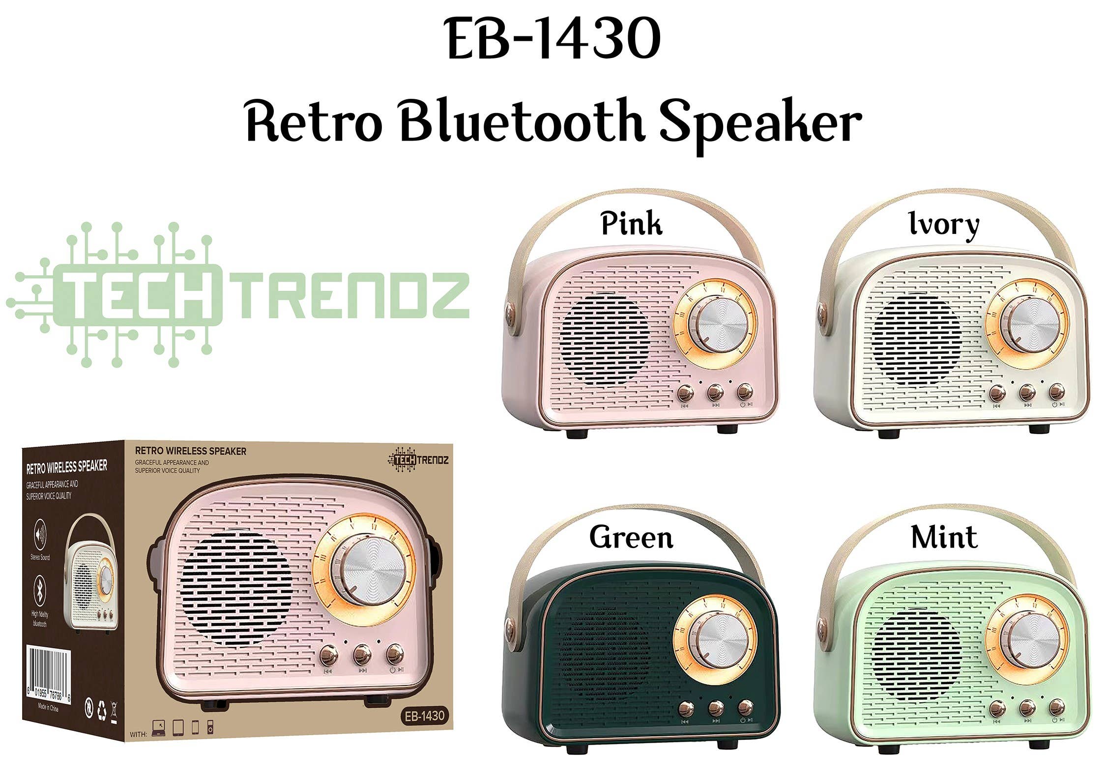 Image of Retro Bluetooth speakers in Pink, Ivory, Green and Mint