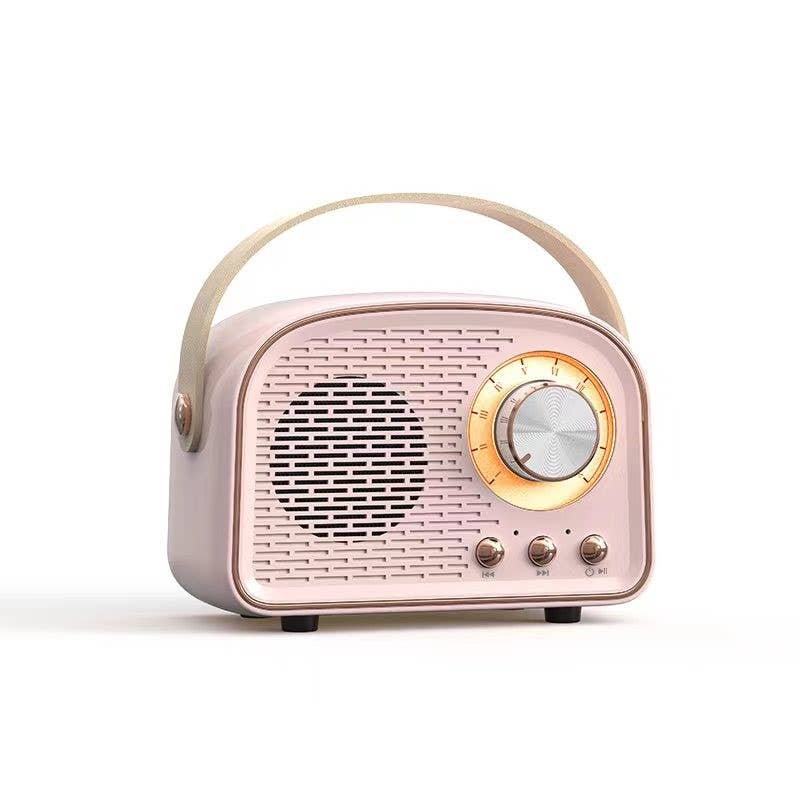 Pale pink colored vintage radio inspired Bluetooth speaker, Cream colored handle and rose gold accents