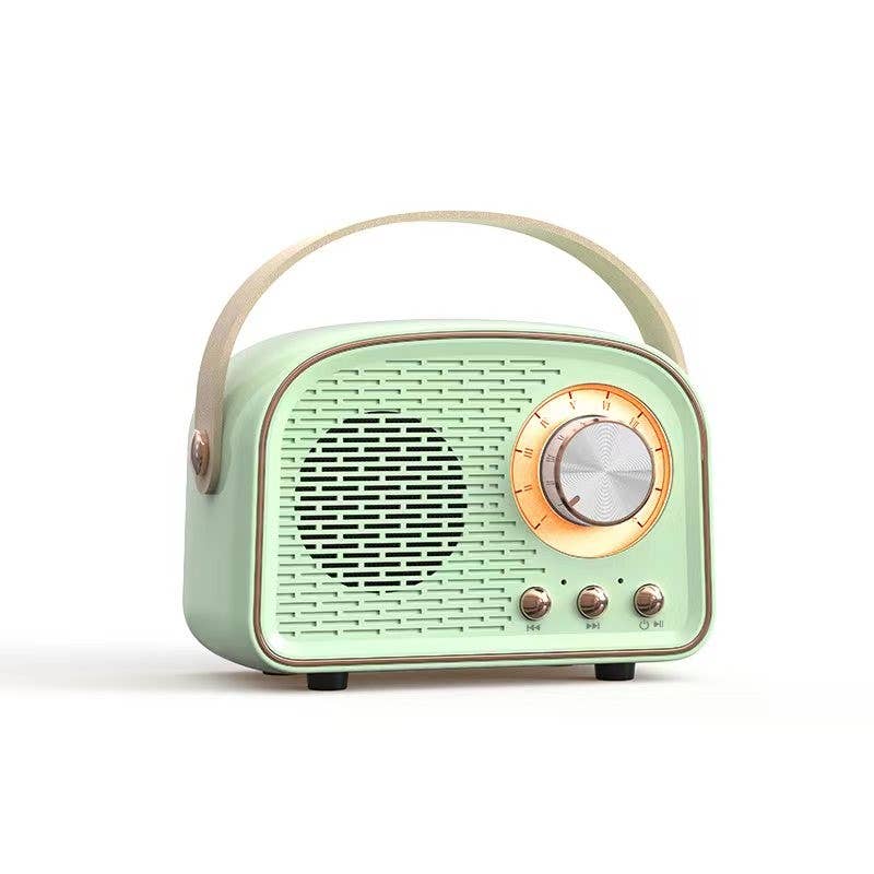 Mint green colored vintage radio inspired Bluetooth speaker, Cream colored handle and rose gold accents