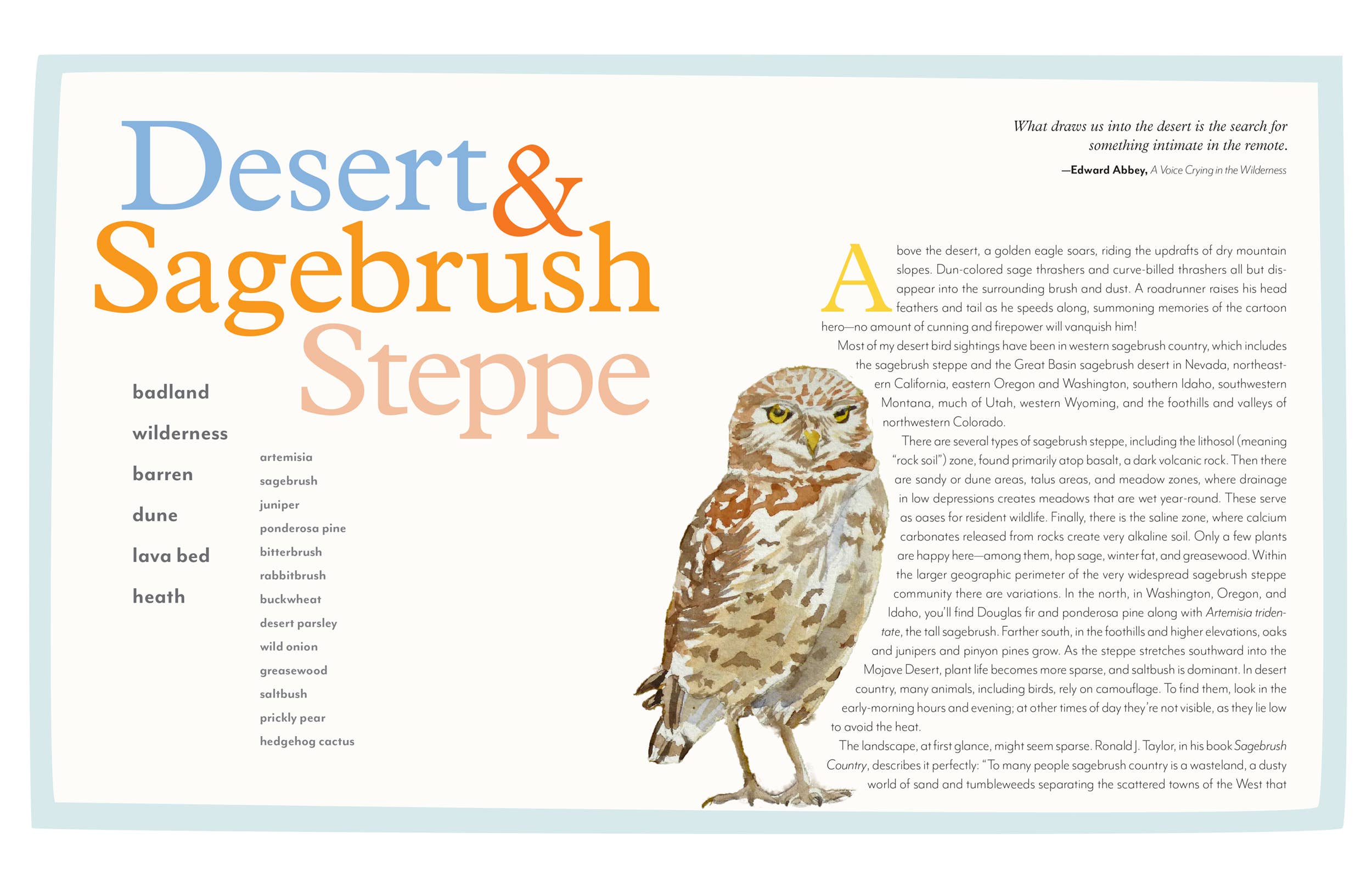 Open pages from the book depicting Desert and Sagebrush Steppe with image of bird