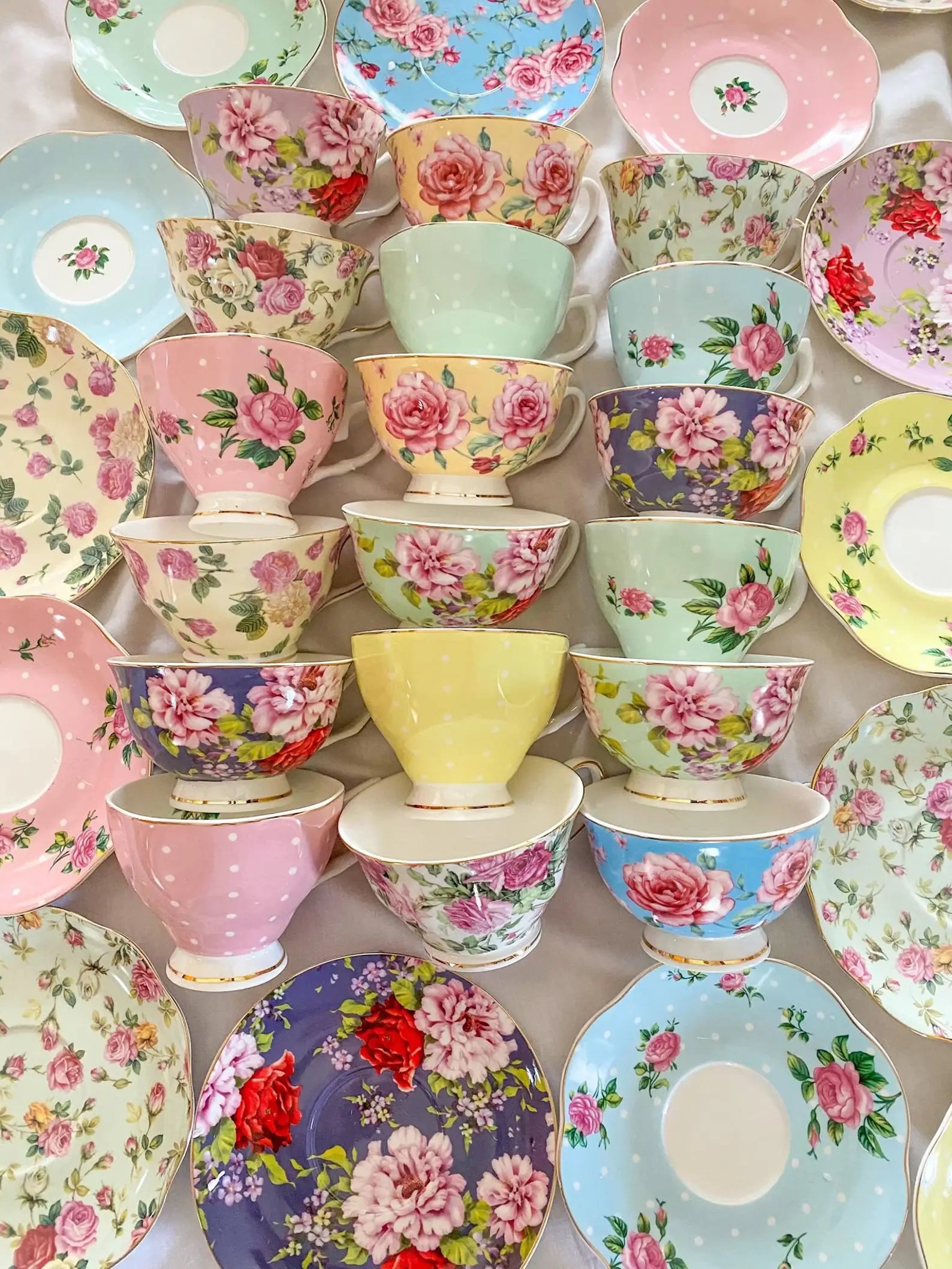 Mismatched teacups.  Tea house, Catering, Restaurant, Bakery