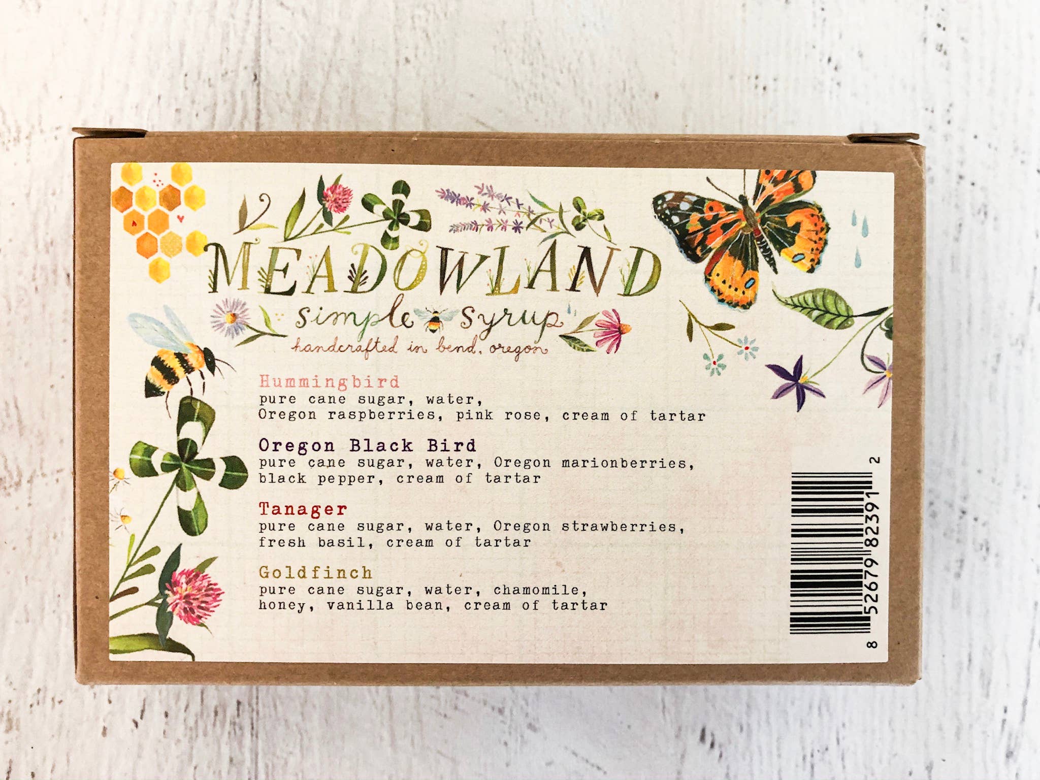 Meadowland box of syrup listed ingredients of each flavor.