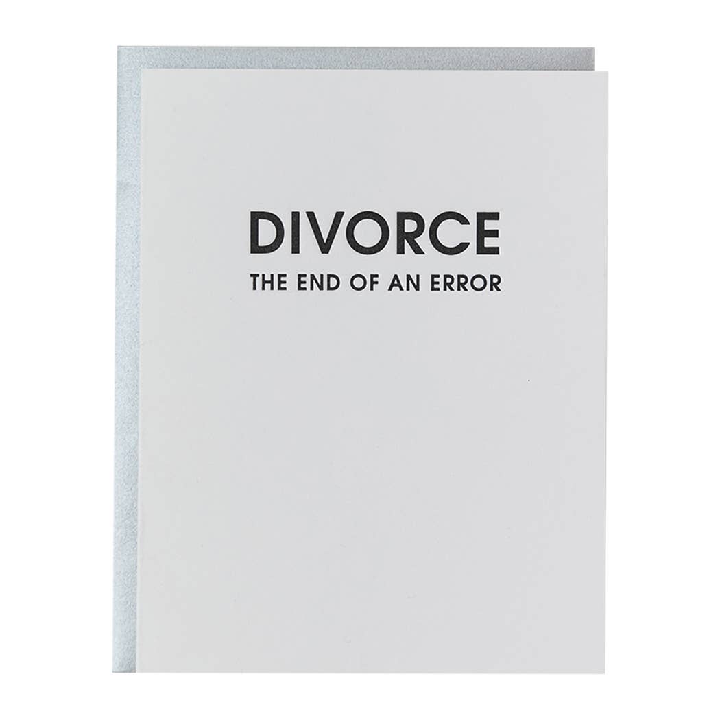 White card with "Divorce the end of an error" in black lettering. Silver envelope.