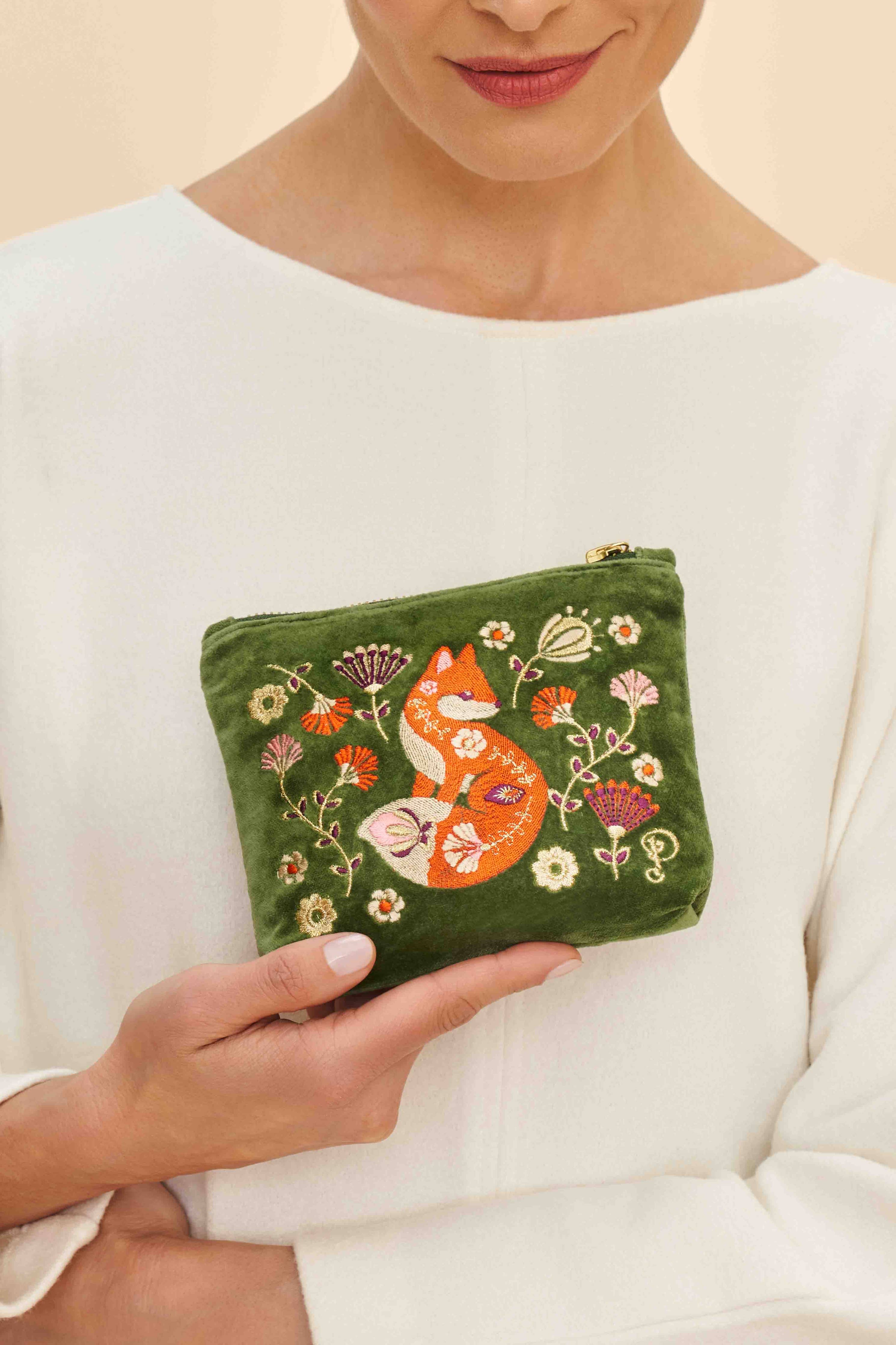 Velvet Embroidered Mini Pouch - Scandinavian Fox