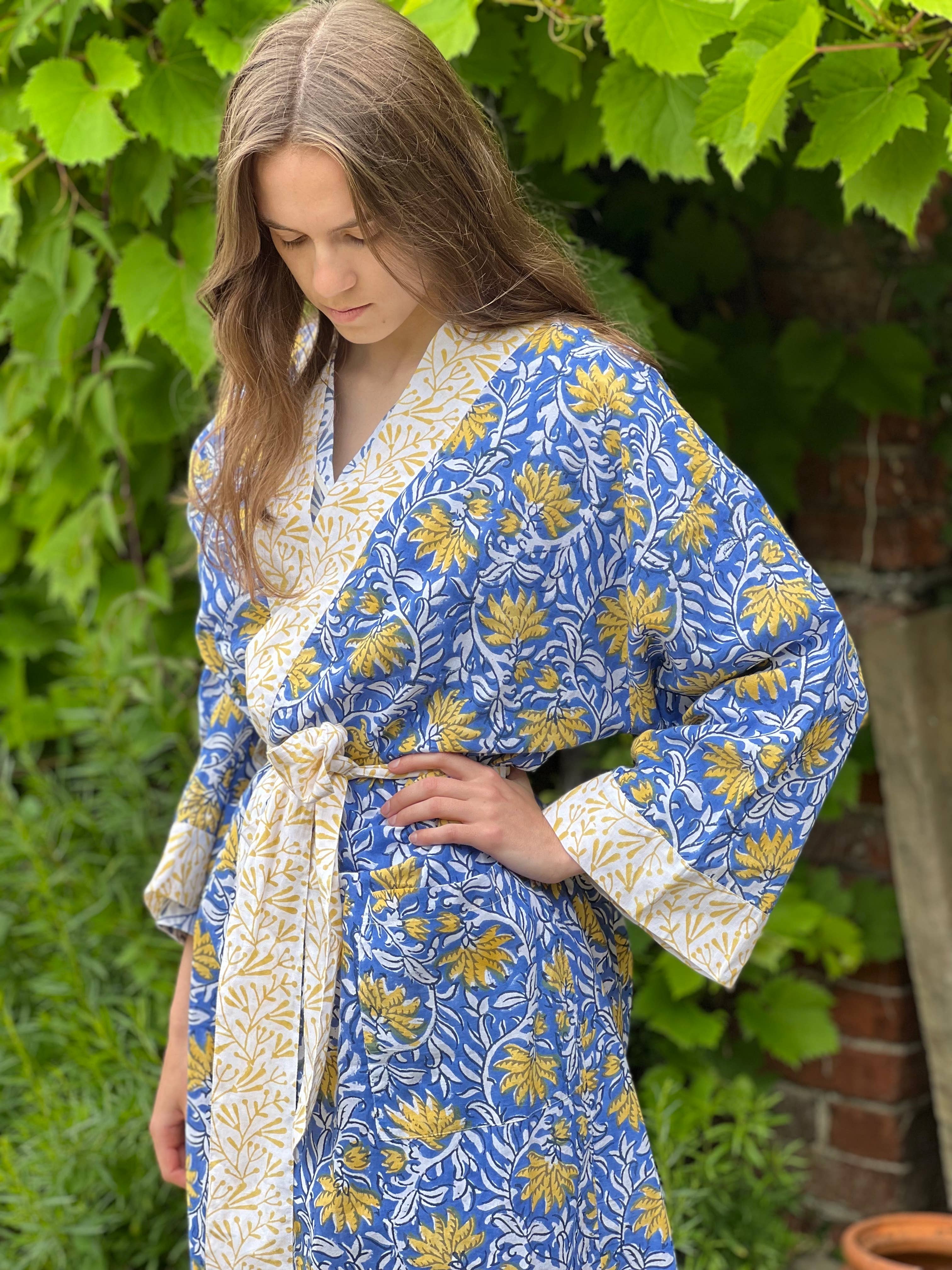 Cotton Long Kimono - Blue Jaipur Flower