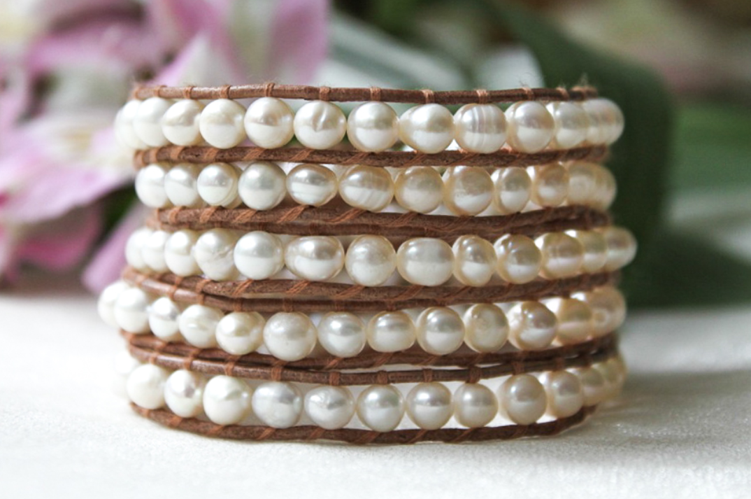 Pearl wrap bracelet with genuine leather cord.