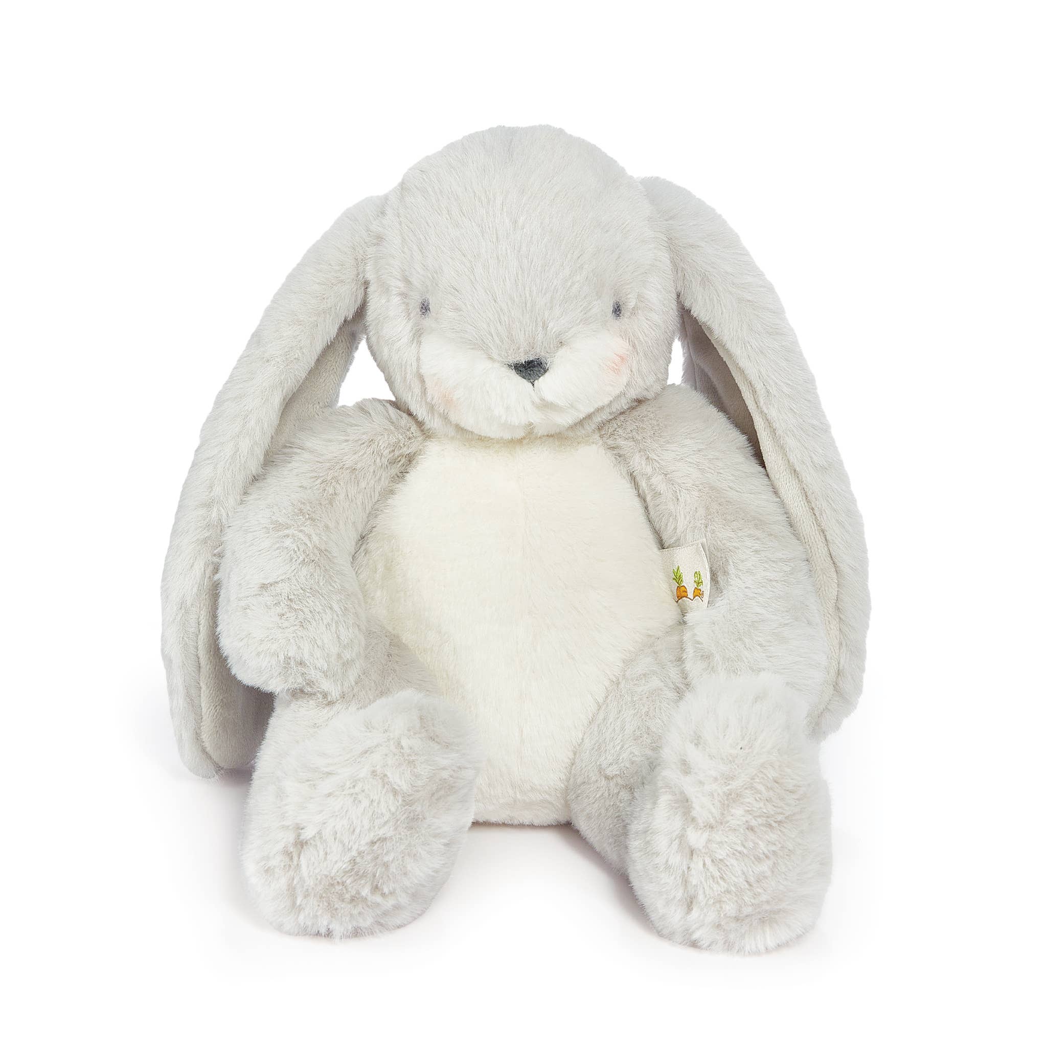 Grey plush rabbit with white belly and cheeks, long floppy ears.