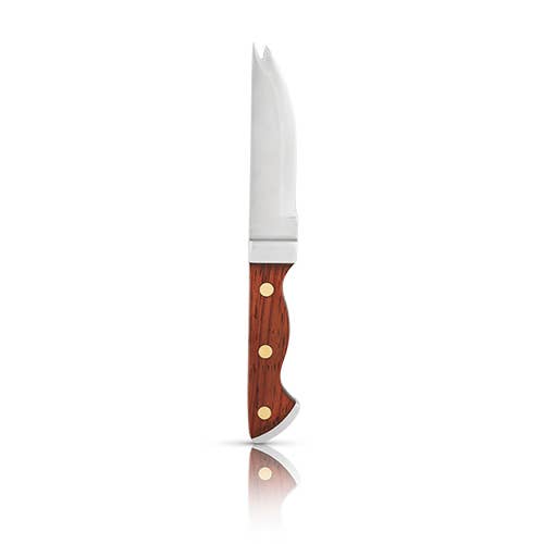 Bartender knife with riveted wood handle and curved double tipped stainless steel blade.