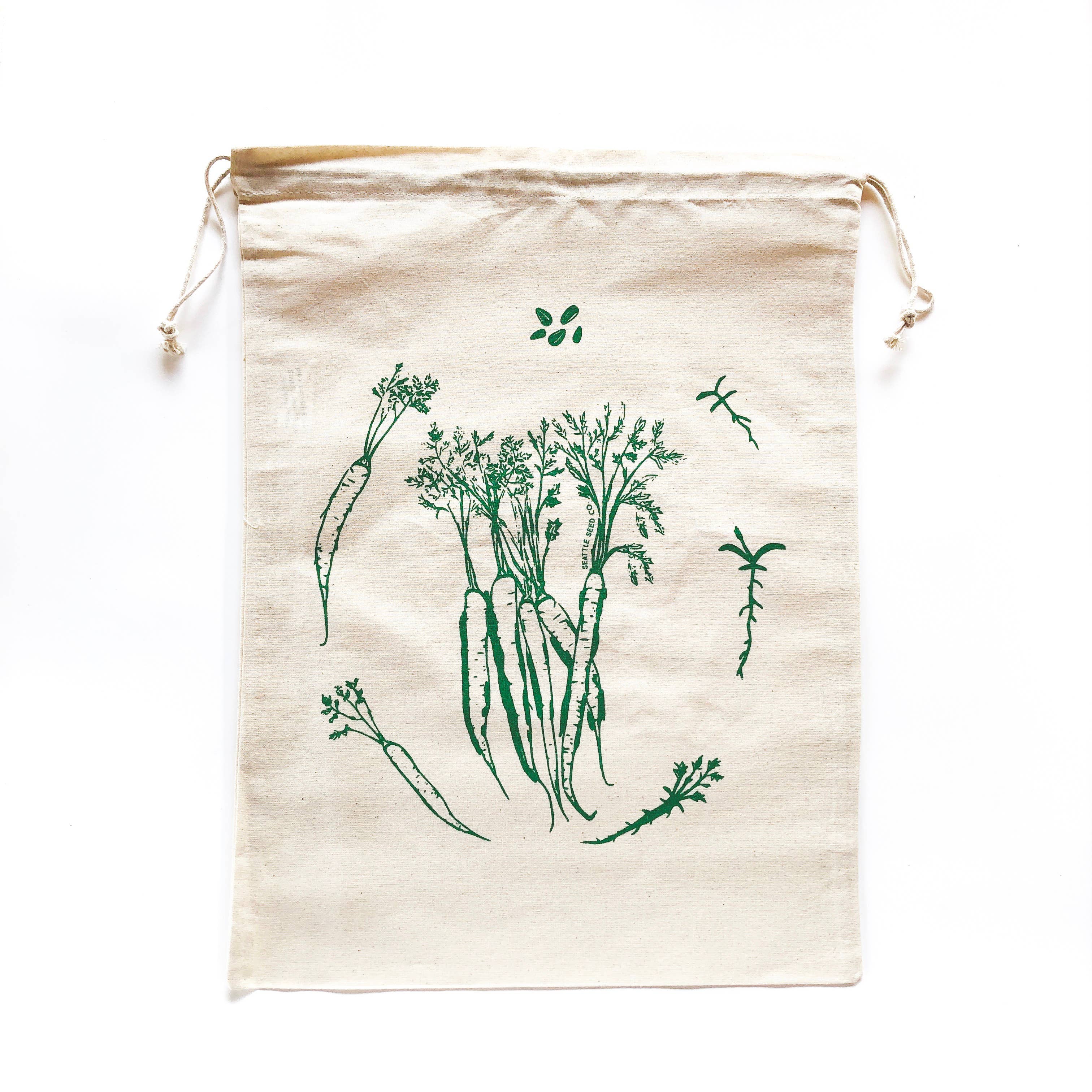 Reusable vegetable bag, drawstring top.  Bag is beige in color with illustrations of carrots and herbs in green. 