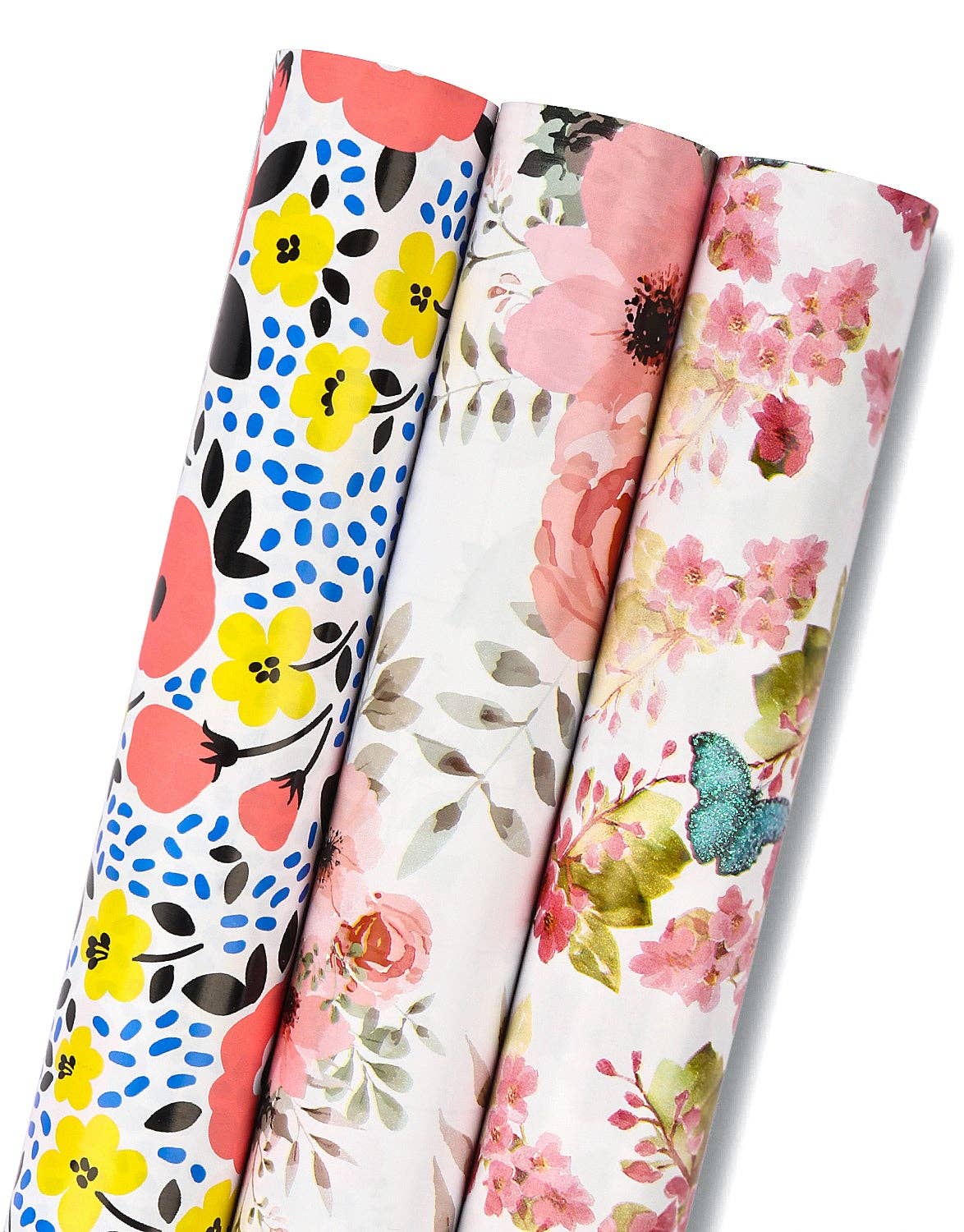 Birthday Mini Wrapping Paper 3 Roll Bundle - Pink Floral Design - 17" x 120"/Roll (42.3 Sq Ft Total)