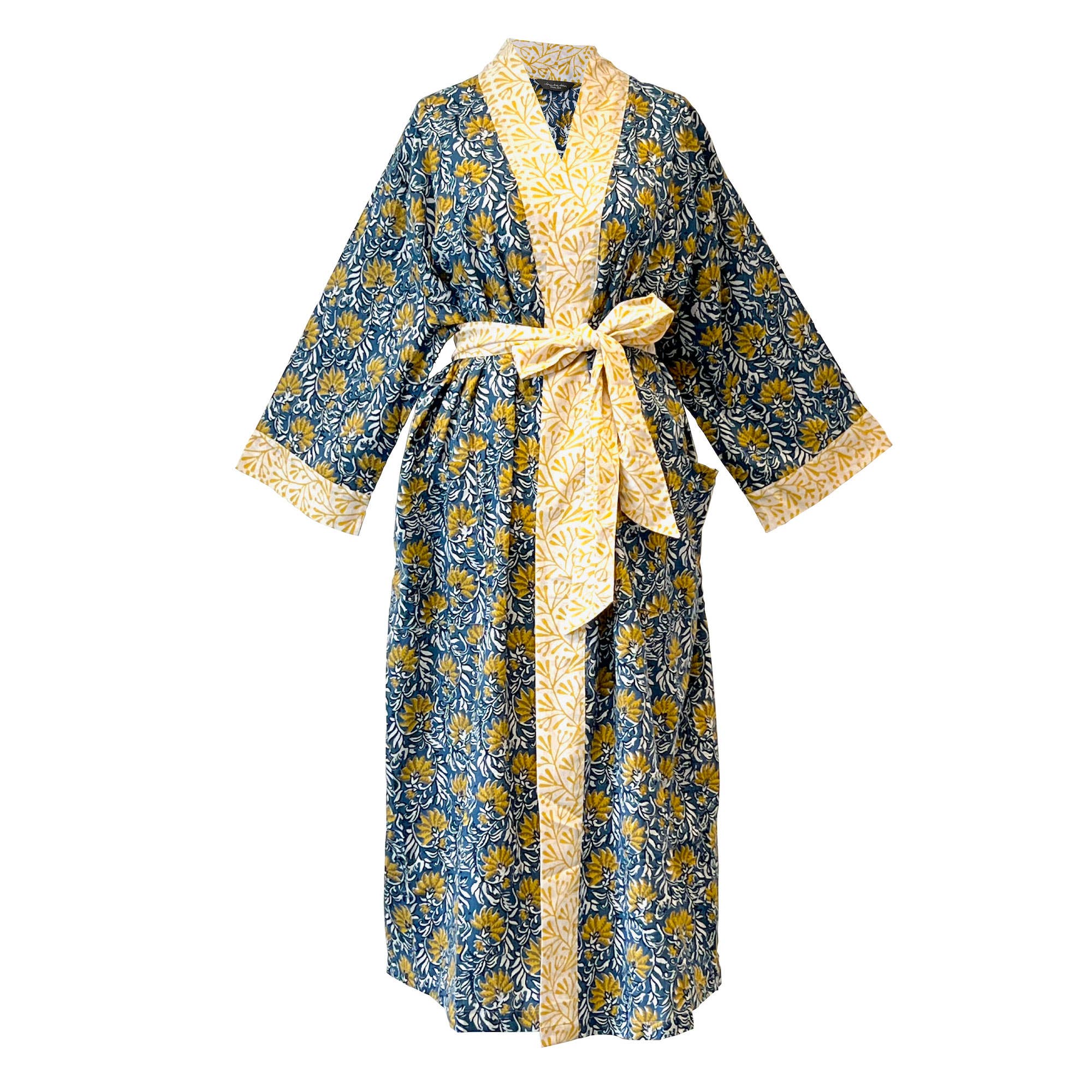 Cotton Long Kimono - Blue Jaipur Flower