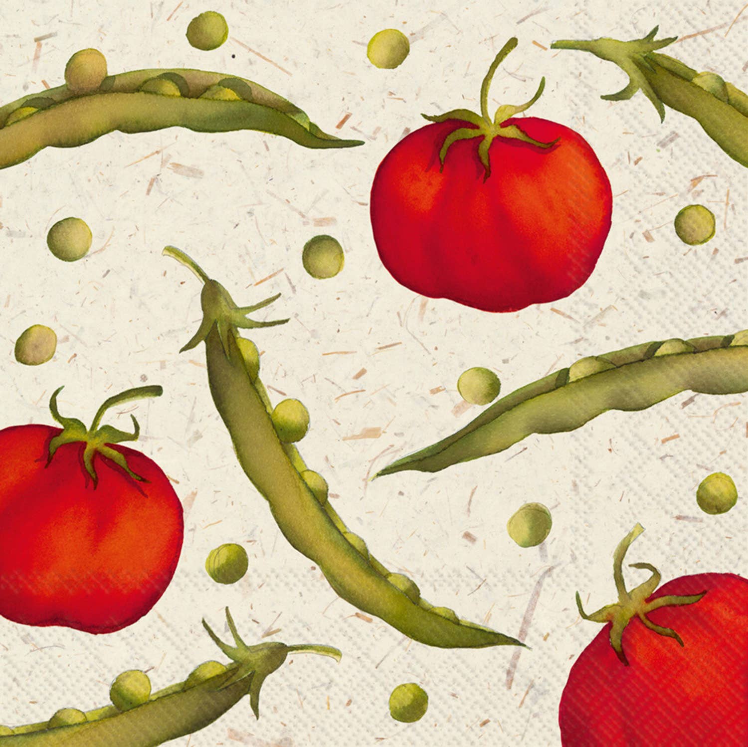 Paper napkin with print of tomatoes and green beans.