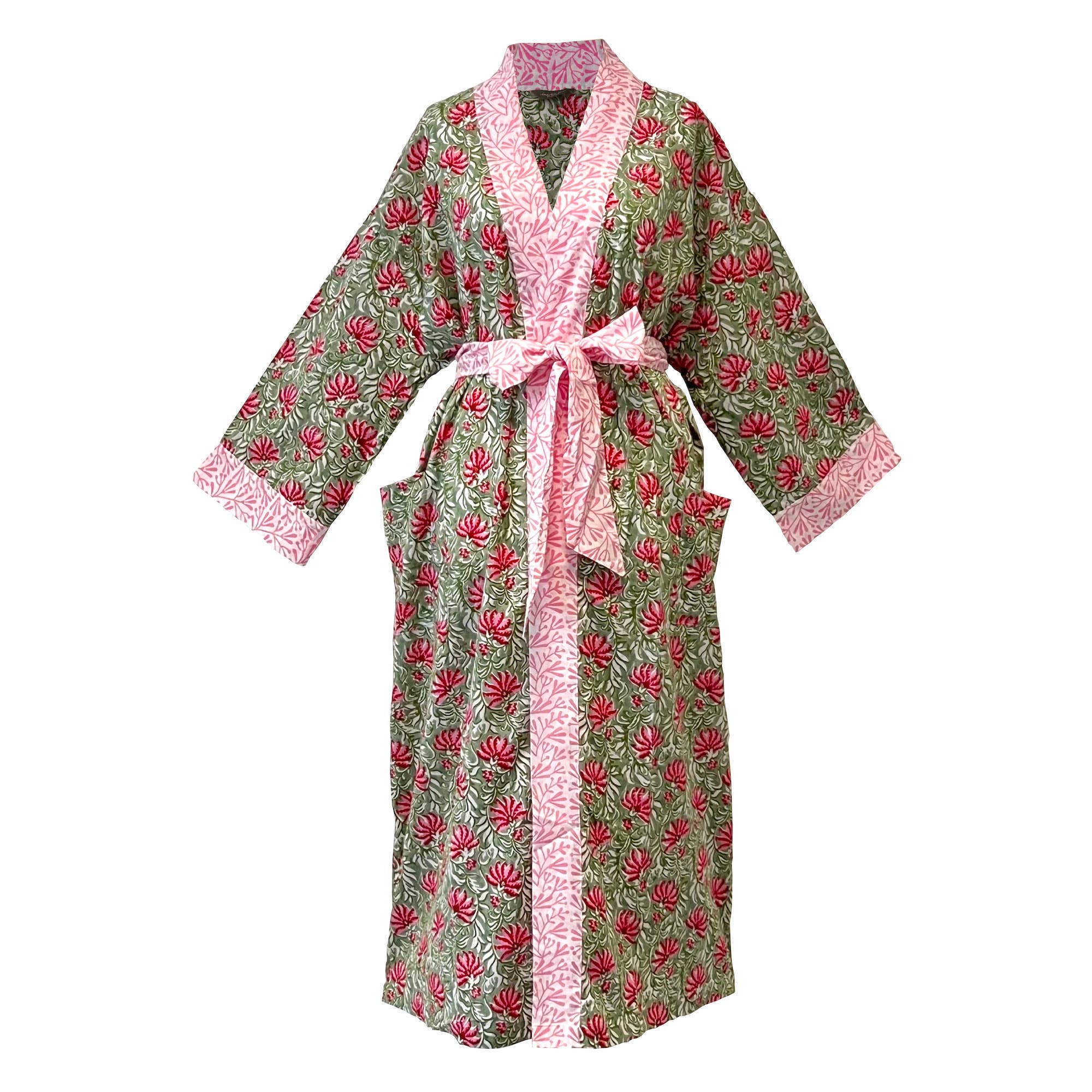 Cotton Long Kimono - Green/ pink Jaipur Flower